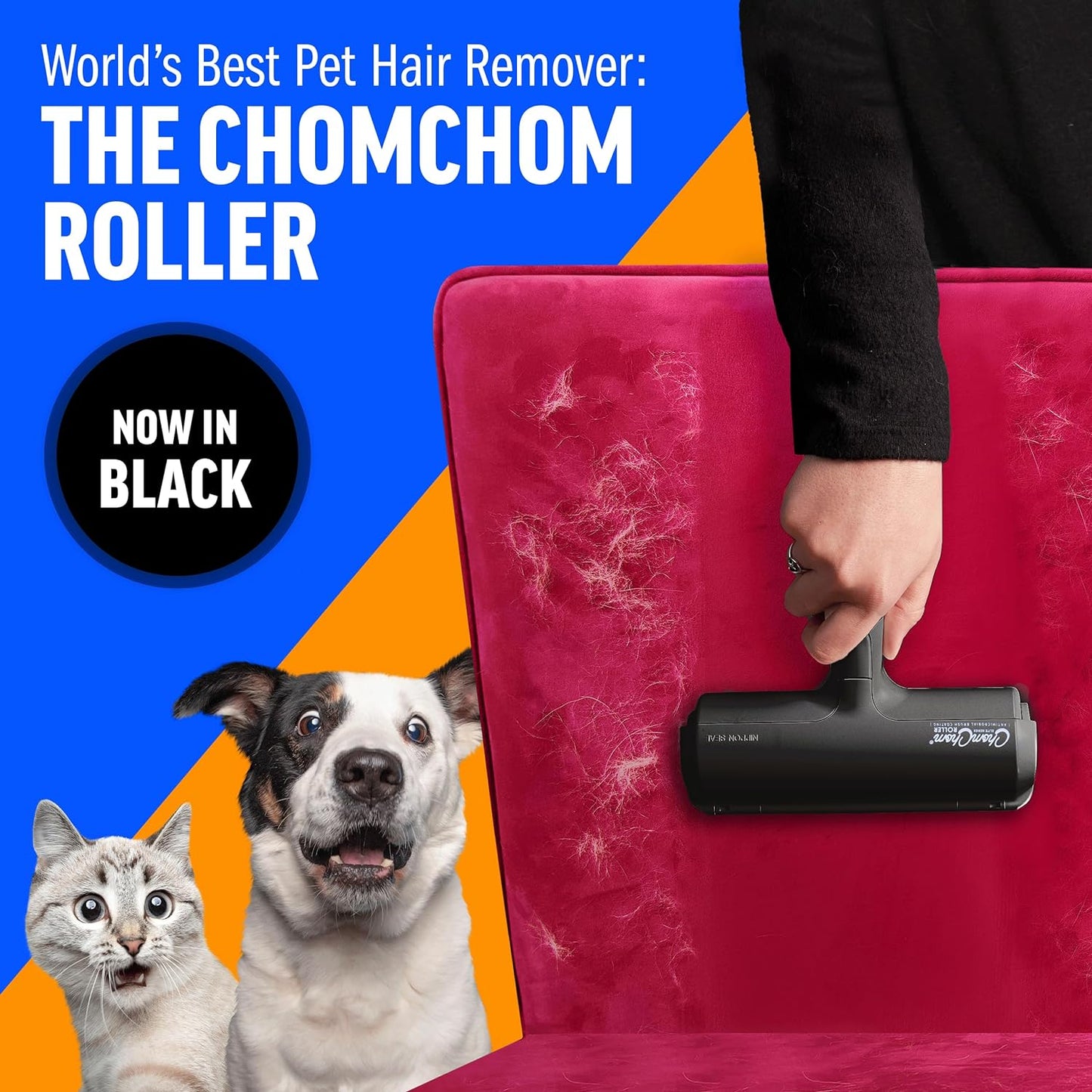 Chom Chom Roller Pet Hair Remover and Reusable Lint Roller - Black Chomchom Cat and Dog Hair Remover for Furniture, Couch, Carpet, Clothing and Bedding - Portable, Multi-Surface Fur Removal Tool